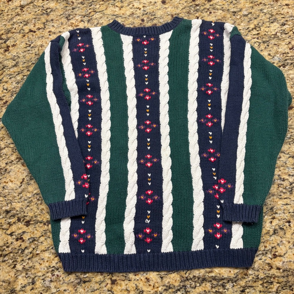 Princeton Vintage Cable Knit Sweater Navy Green White Stripe Embroidered M v
